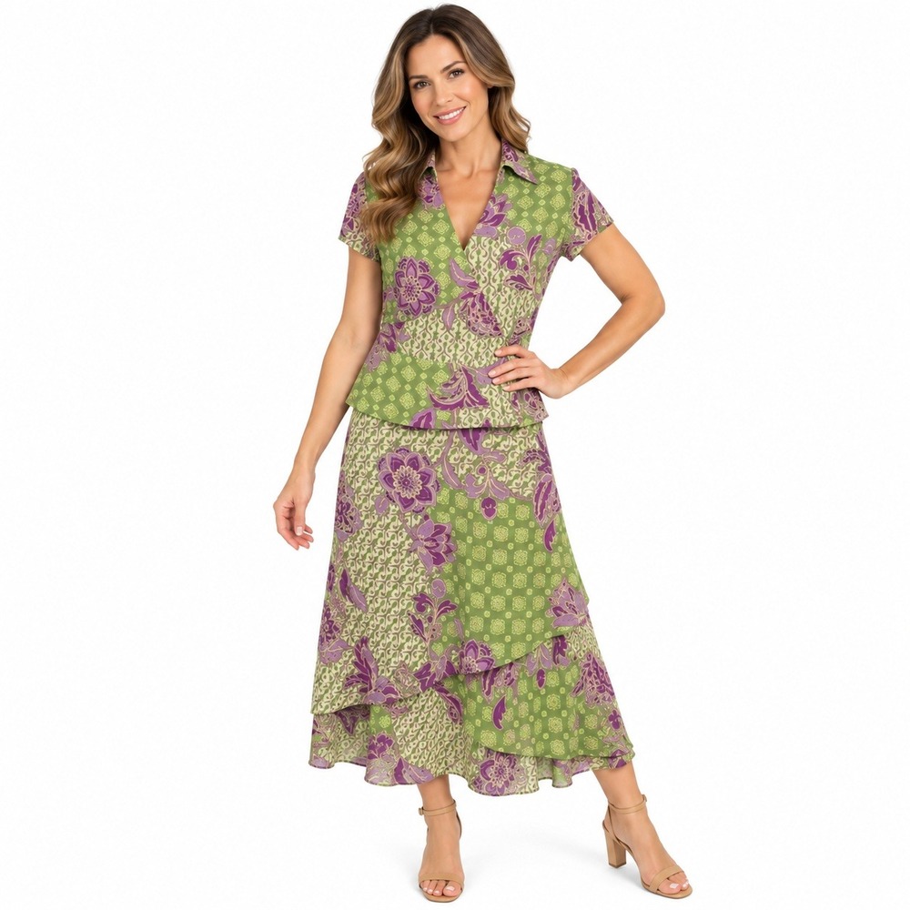 Evan Picone Womens 10P Floral Wrap Top & Midi Skirt 2 Piece Set Green Purple